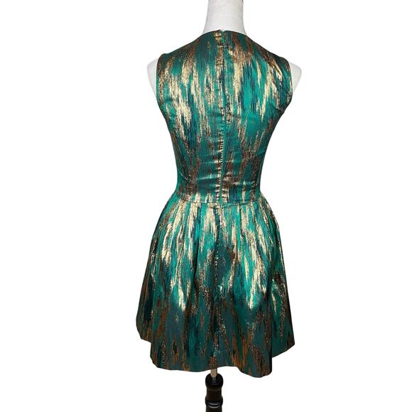 Michael Kors Emerald Green & Metallic Gold Sleeveless Fit & Flare Cocktail Dress - Picture 3 of 11